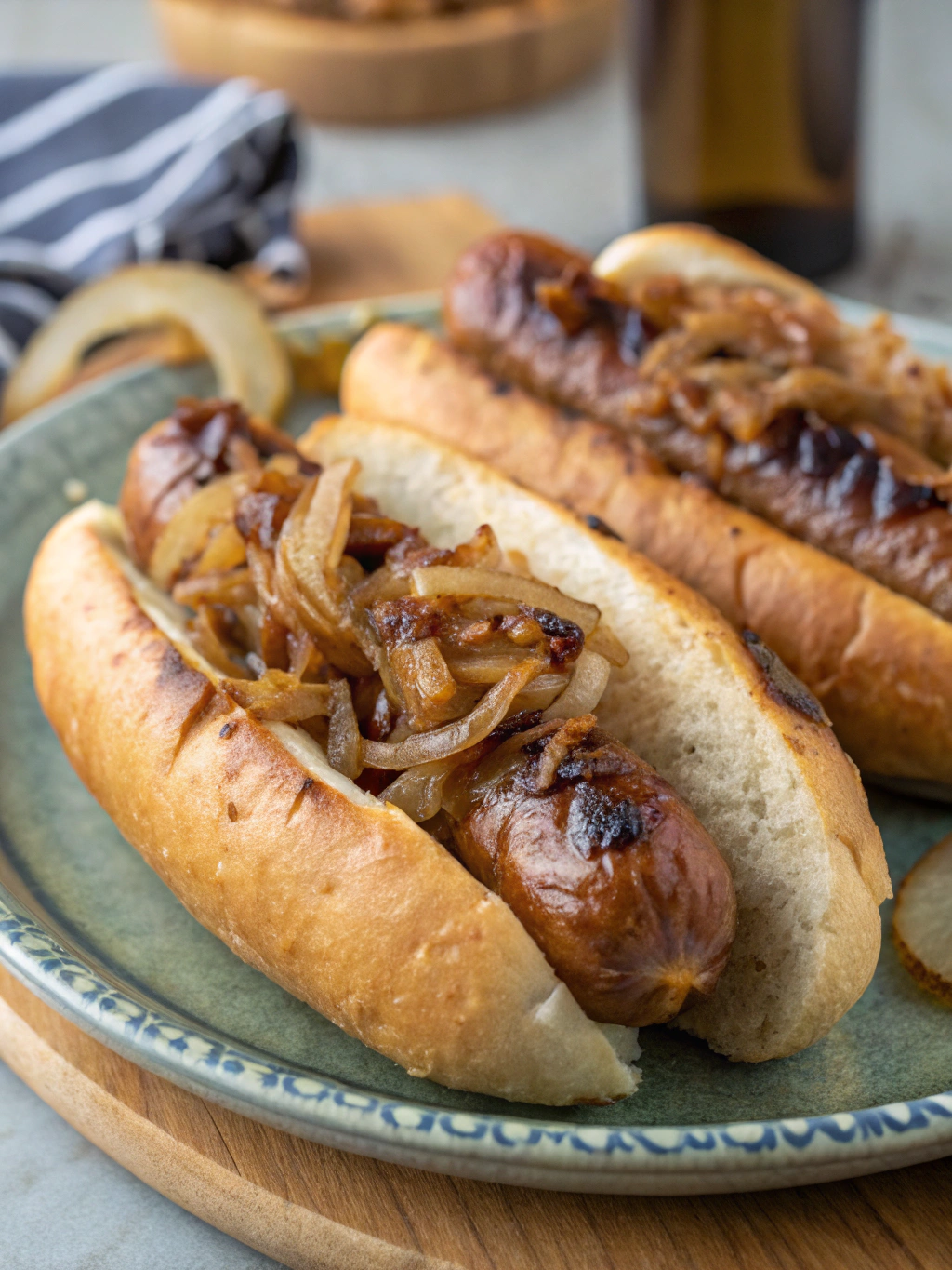Oven Braised Beer Brats with Caramelized Onions