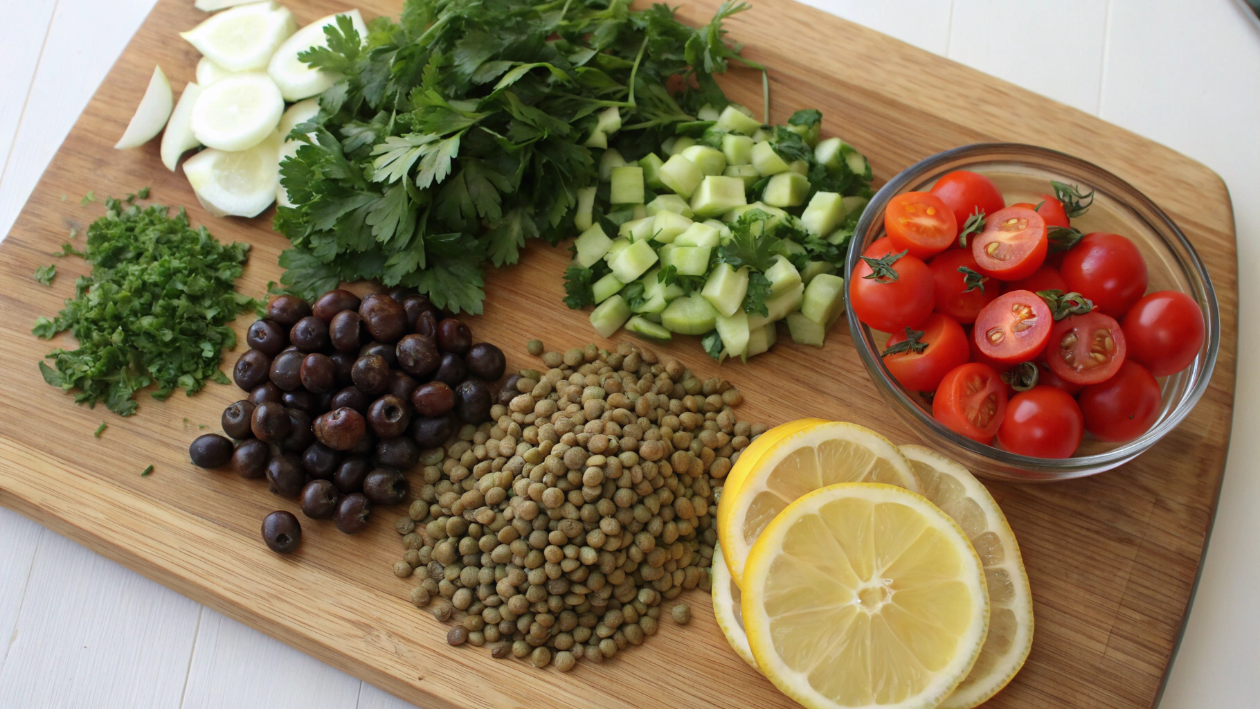 Lentil salad ingredients laid out on a wooden table
