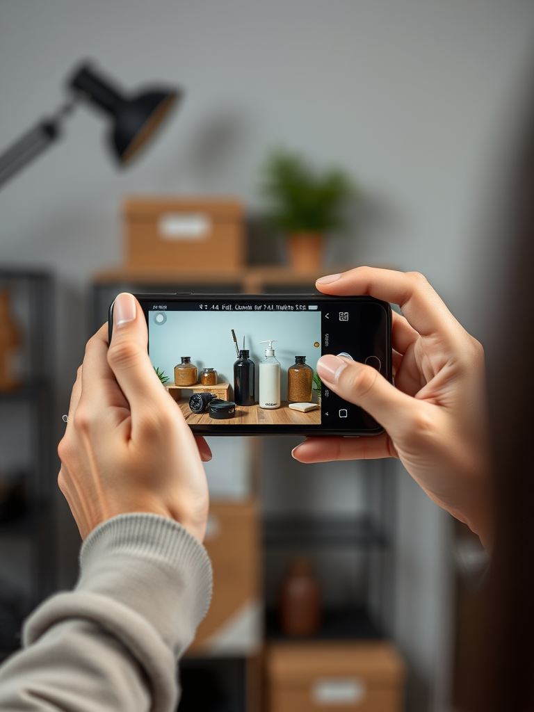 A person using a smartphone to take a high-quality photo of a product for their small business, showcasing the latest smartphone news in mobile photography.