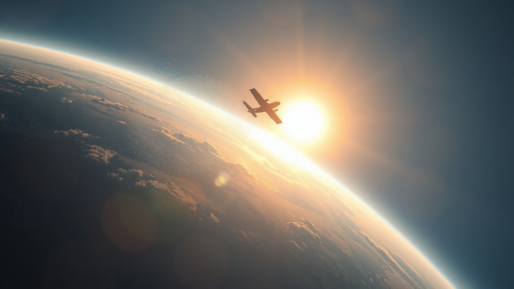 تصویری واقع‌گرایانه و با کیفیت بالا از جو زمین که ذرات بازتابنده کوچکی توسط هواپیما پخش می‌شوند و اثری ظریف و درخشان در برابر خورشید ایجاد می‌کنند، نمادی از مهندسی اقلیم.