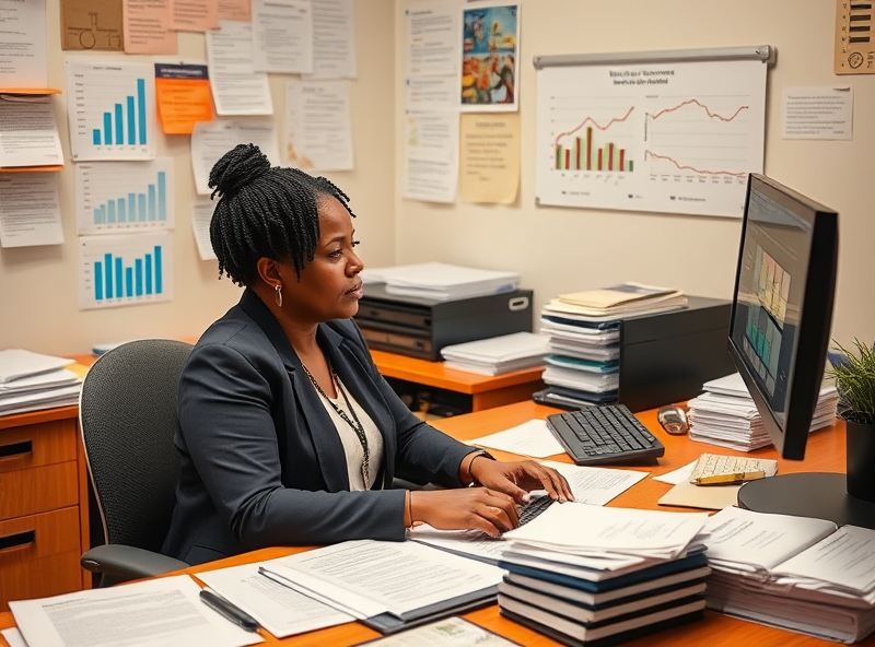 A dedicated public housing administrator diligently working on Medicaid applications, surrounded by paperwork and technology, showcasing the effort and care put into assisting residents with their healthcare needs.