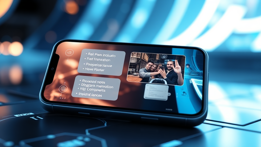 تصویری واقع‌گرایانه از یک گوشی هوشمند مدرن که قابلیت‌های هوش مصنوعی مانند ترجمه همزمان یا ویرایش پیشرفته عکس را نمایش می‌دهد، با پس‌زمینه‌ای آینده‌نگرانه، مناسب برای اخبار گوشی‌های هوشمند