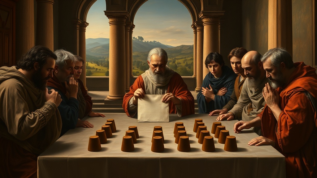 고전적 풍의 회의 장면과 두 손이 두루마리를 들고 있는 모습