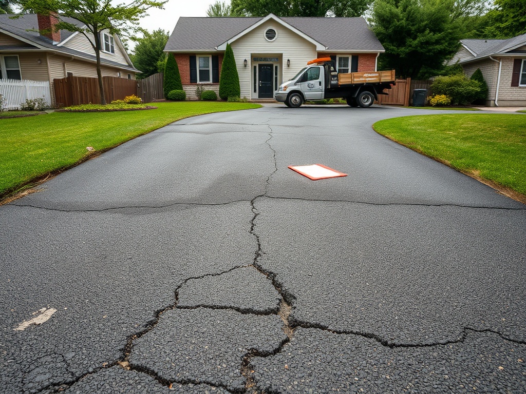 Cracked and weathered suburban driveway with water pooling and crumbling edges surrounded by a neat lawn showing signs of concern symbolizing a homeowner’s worry about yard damage during driveway repair.