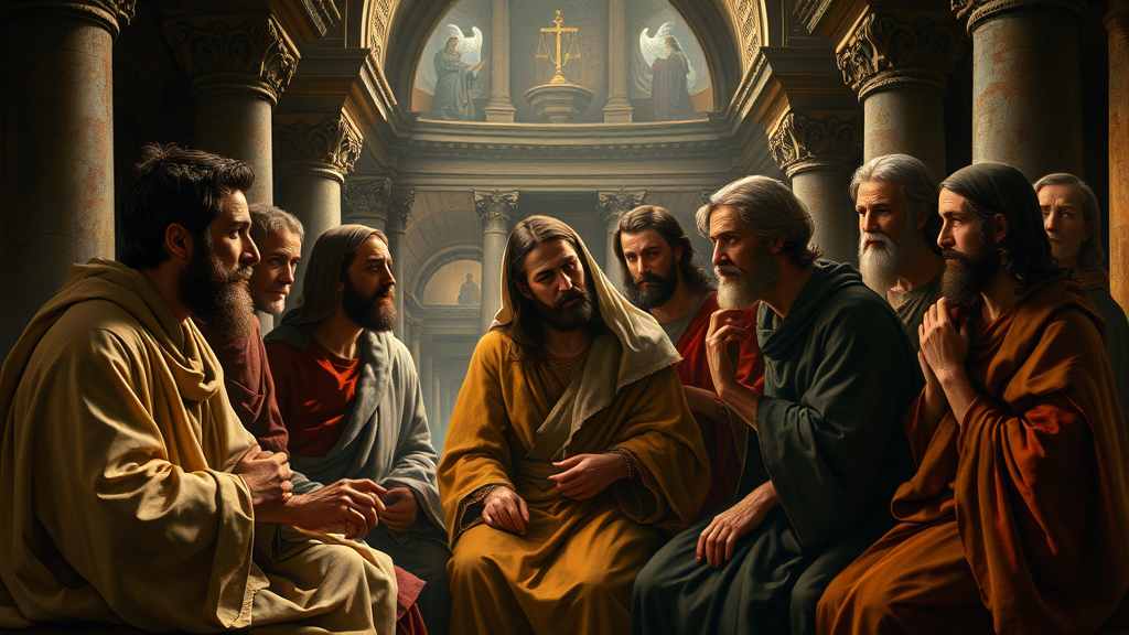 모든 사회의 다양한 구성원들이 모여 진리와 의를 이야기하는 장면