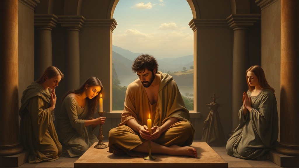 작업실에서 양심의 빛을 받는 예술가와 촛불을 내미는 인물들, 명암 대비로 감정이 드러난 장면