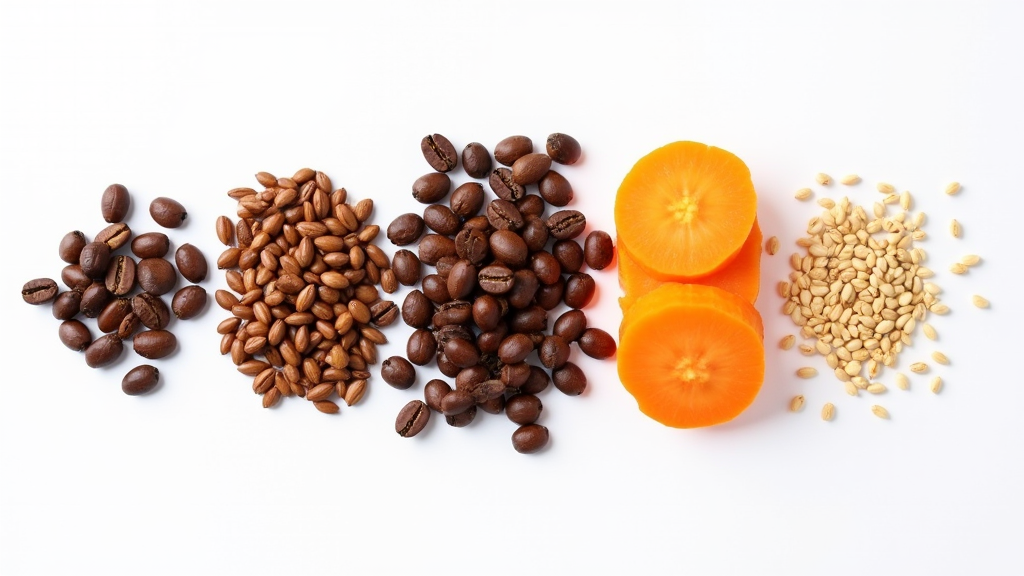 Close-up of oil drops and raw coffee beans, guarana seeds, carrot, and grape seeds arranged neatly.