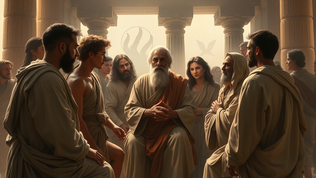 복잡한 사회 문제에서 평화로운 해결을 전달하는 장면