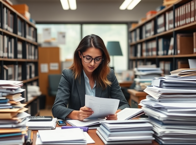 A focused paralegal engrossed in legal paperwork in a busy legal aid office, capturing the dedicated work involved in supporting those facing eviction challenges.