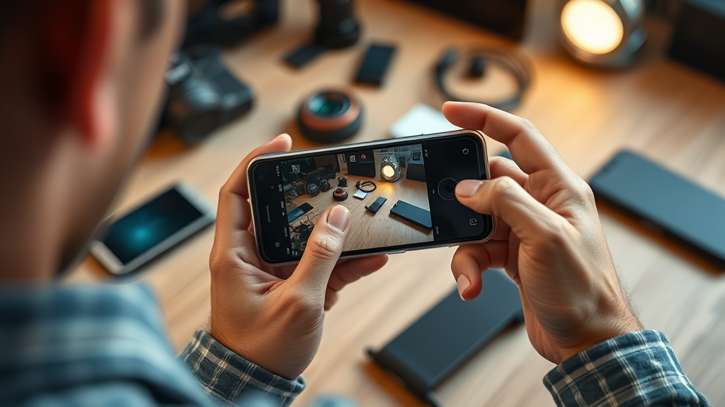 شخصی در حال بررسی دوربین یک گوشی هوشمند جدید با تمرکز بر عکاسی و ویدیوگرافی موبایلی و اخبار تکنولوژی