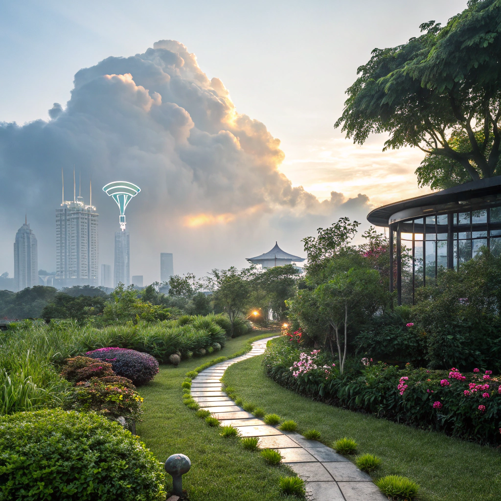 Surrealistyczny krajobraz przedstawiający harmonijne połączenie ogrodów self-hostingu i futurystycznego miasta w chmurze