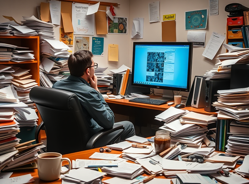 A disheveled office scene featuring a person surrounded by chaos, glaring at a malfunctioning computer, capturing the frustrating aftermath of a failed productivity experiment in an erratic yet snarky environment.