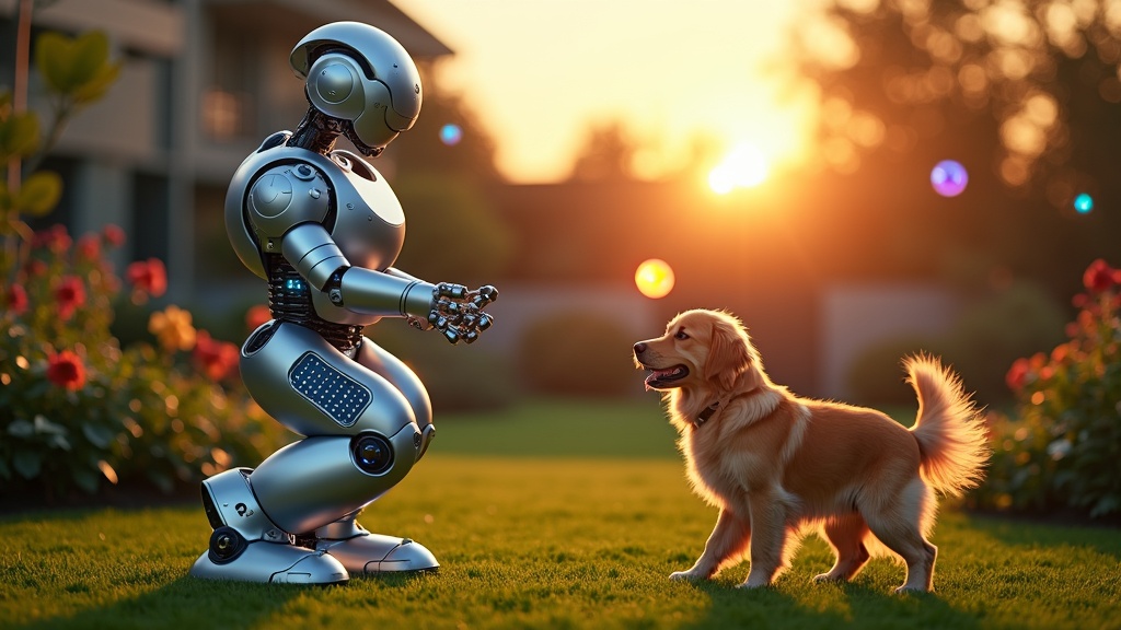 Ilustración conceptual de la colaboración entre un humano y un robot de jardinería avanzado en un entorno inteligente.
