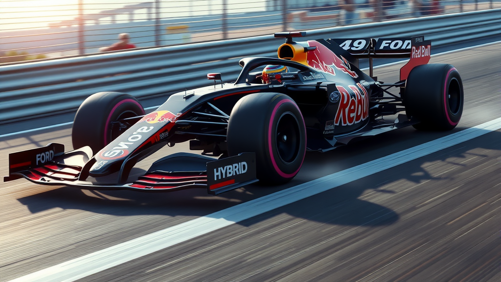 نمایی نزدیک و واقع‌گرایانه از موتور هیبریدی فرمول ۱ با لوگوهای فورد و ردبول، در یک محیط آزمایشگاهی پیشرفته، نمادی از بازگشت فورد به فرمول ۱
