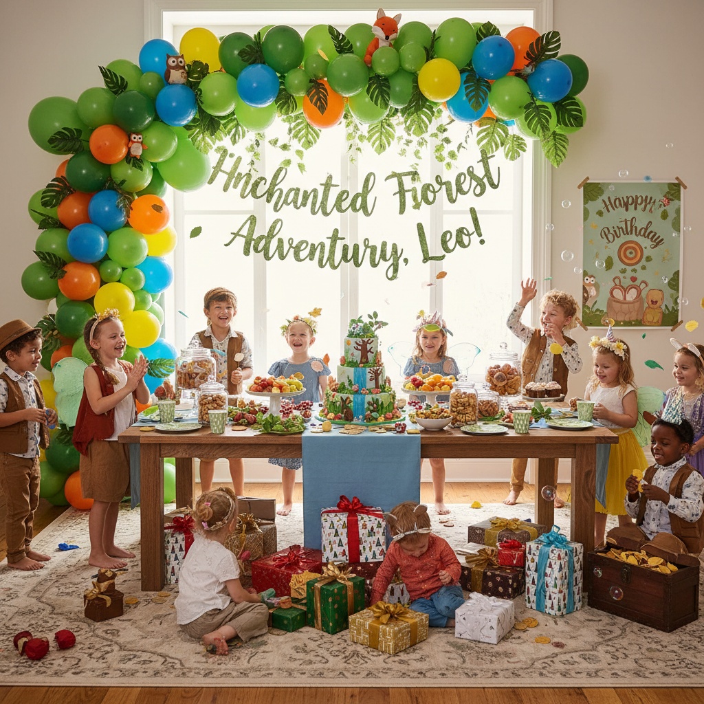 Themed children's birthday party with balloons, gifts, and treats