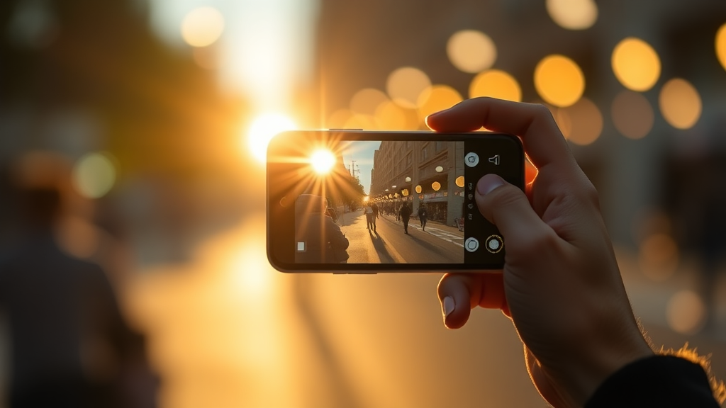 یک دست که گوشی هوشمند با لنز آنامورفیک Moment را در دست دارد و در حال فیلمبرداری صحنه‌ای سینمایی با فلیرهای افقی است که یک صاحب کسب و کار کوچک در حال تولید محتوا برای برند خود است. این تصویر واقع‌گرایانه و با کیفیت بالا، نمادی از فیلمسازی با موبایل است.