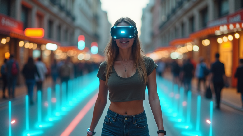 Ilustración conceptual del navegador virtual para personas ciegas en uso urbano