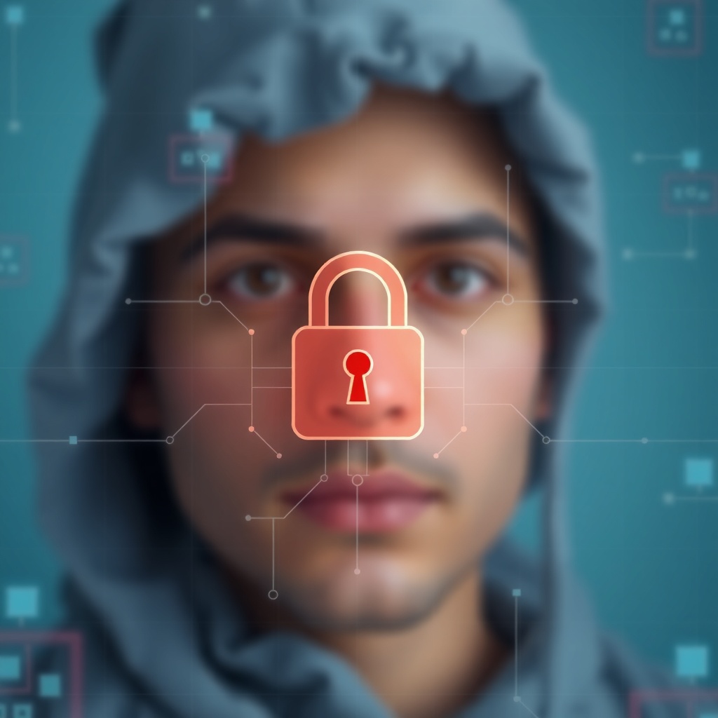 نمادی از قفل حریم خصوصی دیجیتال با پس‌زمینه محو شده چهره یک فرد، نمادی از حفاظت از داده‌ها و امنیت در عصر هوش مصنوعی