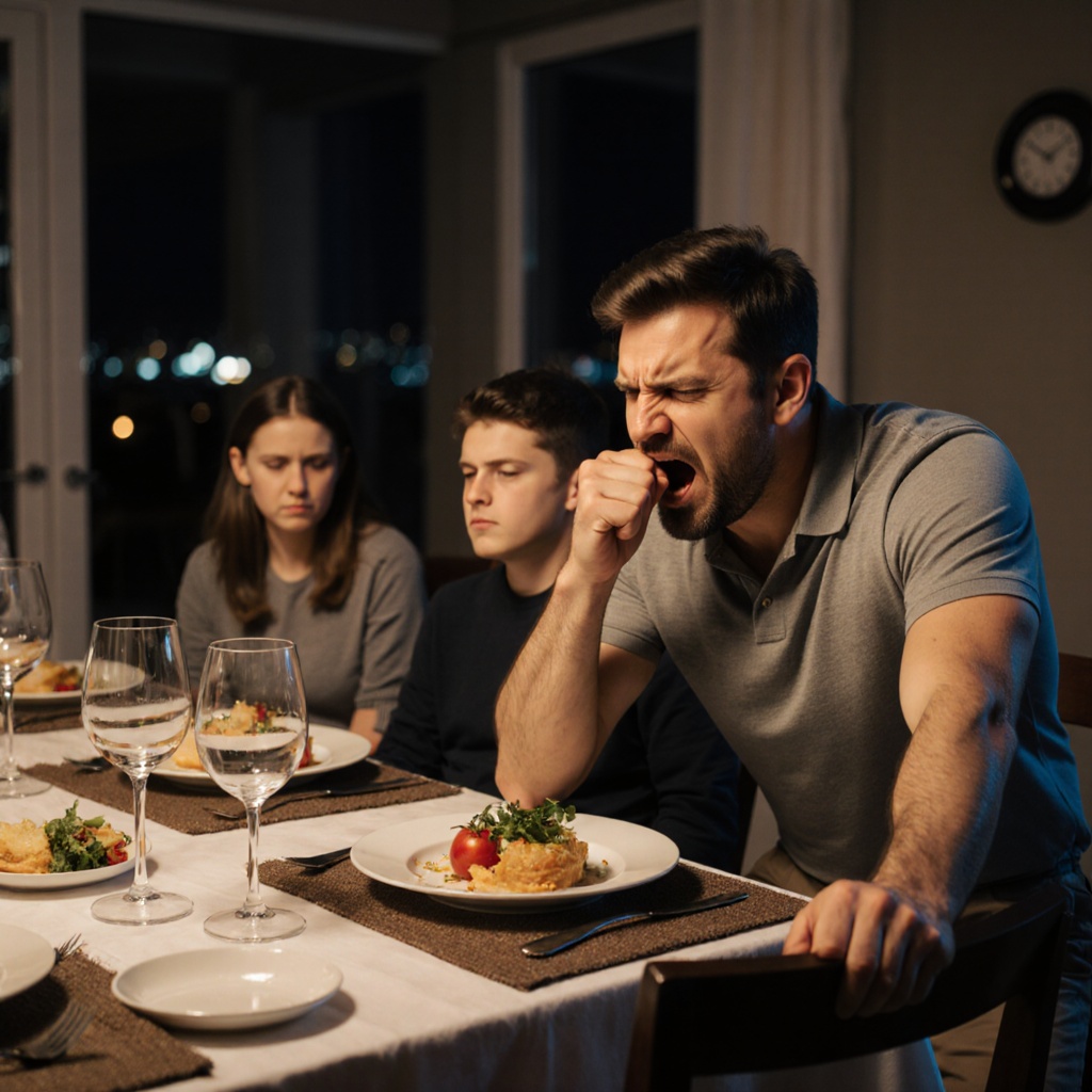 A man sits at a dining table with his family durin