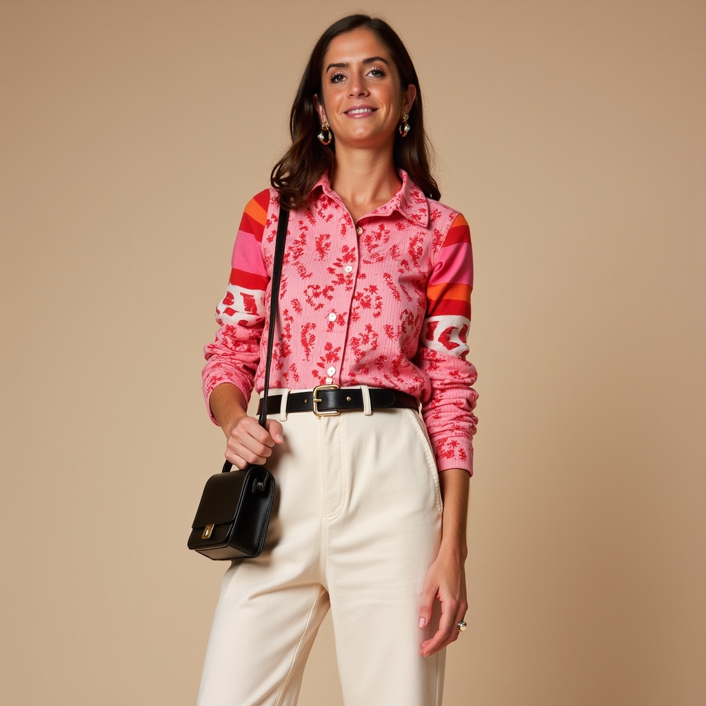 Carolyn October in a pink patterned long-sleeve top and white pants, posed against a neutral studio background.