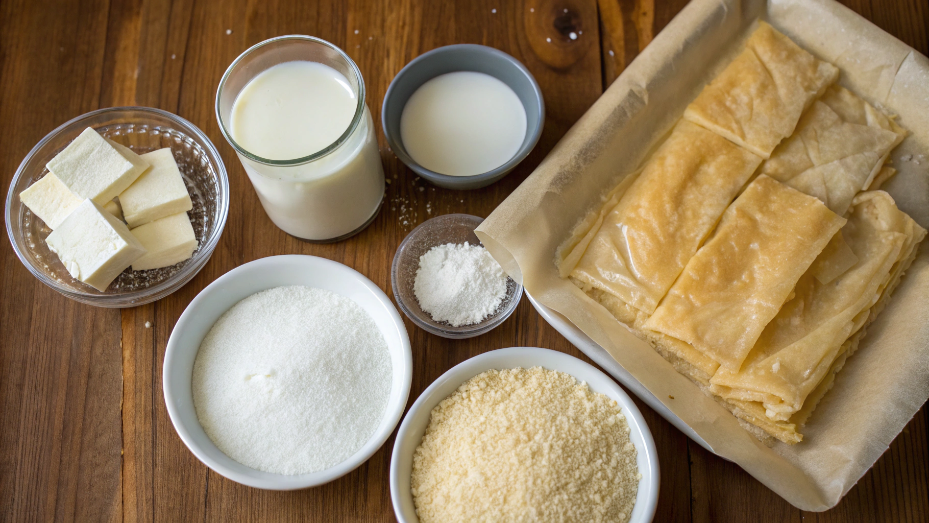 Bougatsa ingredients laid out on a wooden table, including phyllo dough, semolina, milk, sugar, butter, eggs, and cinnamon