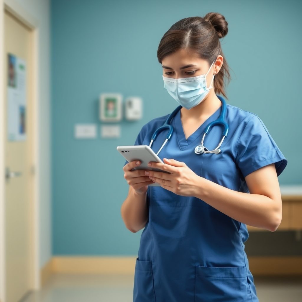 پرستاری که از تبلت یا گوشی هوشمند برای مدیریت شیفت‌ها و اطلاعات بیماران خود استفاده می‌کند، نشان‌دهنده انعطاف‌پذیری و فناوری در استخدام پرستاران. realistic, high-quality