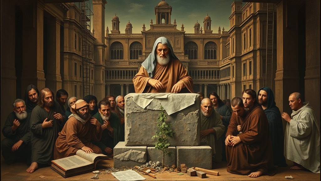 연륜 있는 인물이 기초석을 살피는 장면으로 재건의 의미를 묵상하게 하는 그림