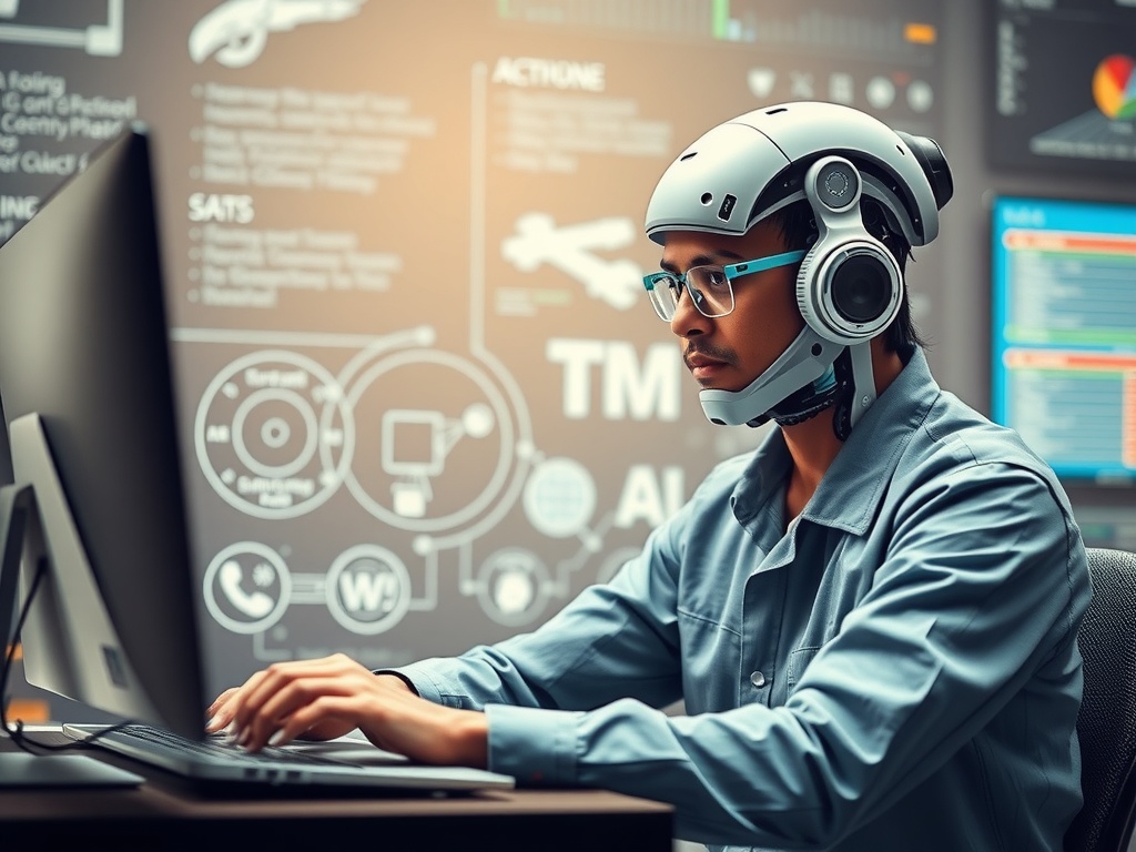 یک هنرمند انسانی با یک ربات هوش مصنوعی در یک استودیوی آیندهنگرانه همکاری میکند. این تصویر بر هماهنگی و خلاقیت انسانی، فریلنسر، هوش مصنوعی، آینده کار تأکید دارد.