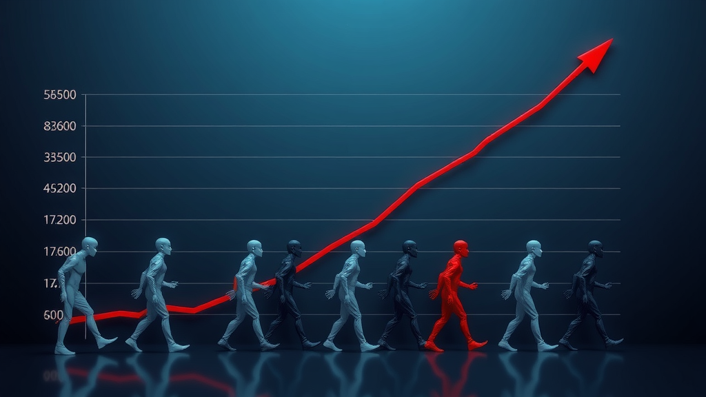 نموداری واقع‌گرایانه و با کیفیت بالا که روند نزولی اشتغال در فناوری را نشان می‌دهد، با اشکال انتزاعی که نمایانگر کارمندان تعدیل شده هستند و مقیاس TechLayoffs2023 را نمادین می‌کنند.