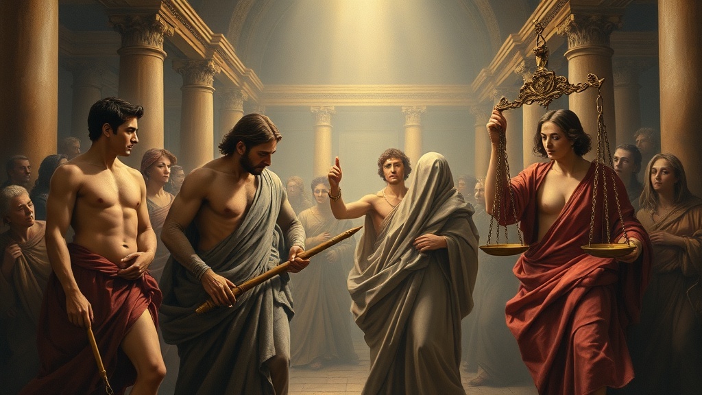 정의와 공정함을 상징하는 종교적 장면