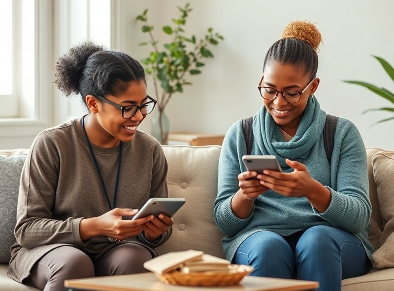 A group of caseworkers working together on their mobile devices, ensuring smooth communication and support for families in need, embodying professionalism and care.