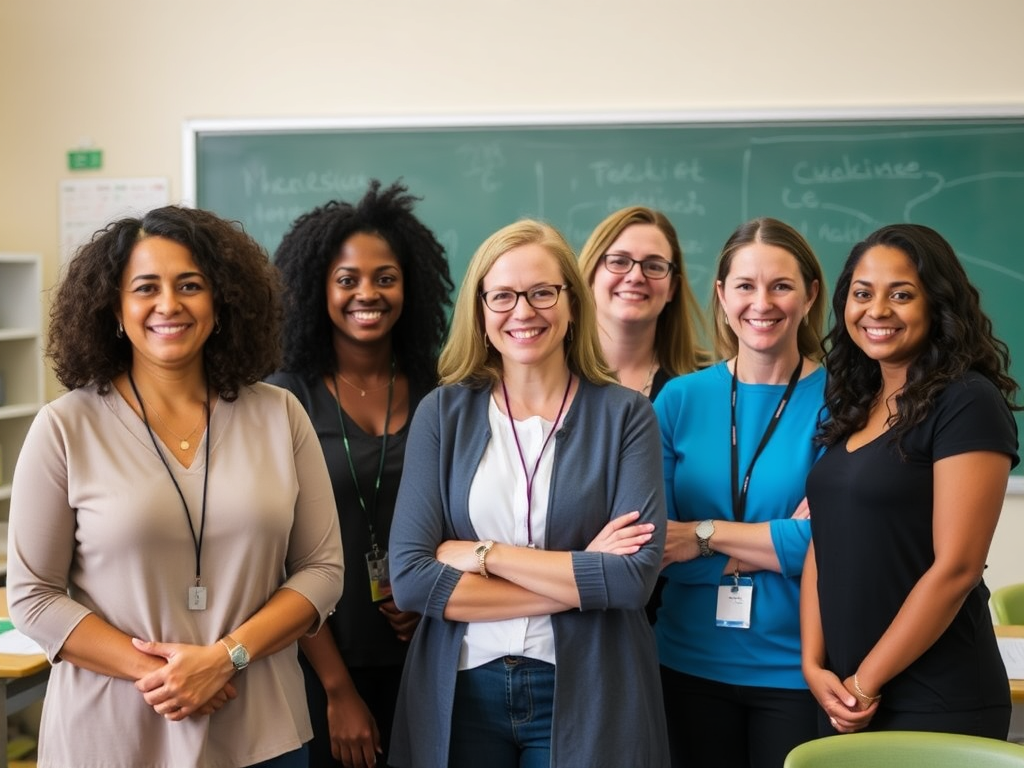 A diverse group of smiling teachers in a classroom setting.