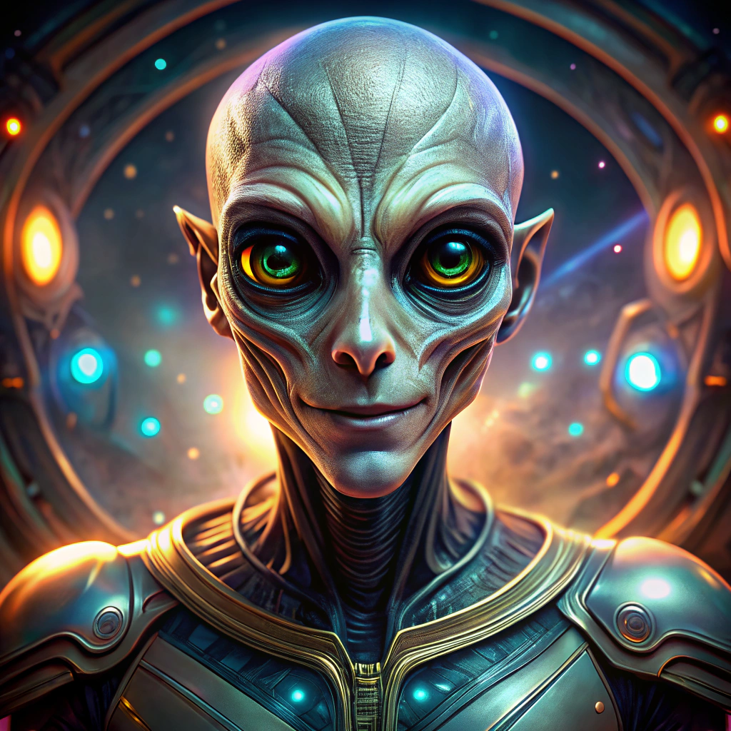 Friendly Alien Selfie in Sci-Fi Environment