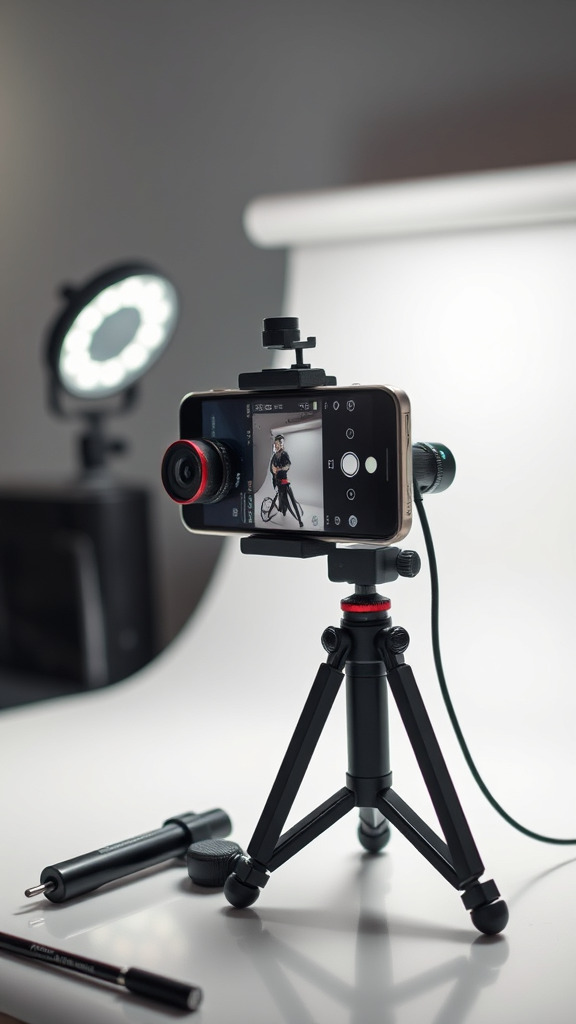 Photography Gear: یک گوشی هوشمند با لنز خارجی متصل، یک سه‌پایه کوچک موبایل و یک نور LED قابل حمل، در محیطی مدرن و با پس‌زمینه تمیز، لوازم جانبی خلاقانه عکاسی موبایل