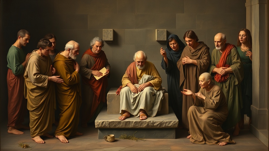 공동체가 노인을 돌보며 갈등을 극복하는 장면을 묘사한 르네상스풍 그림