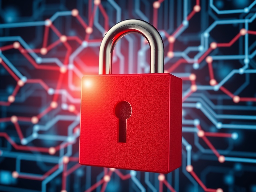 یک قفل که بر روی یک شبکه دیجیتال قرار گرفته و داده‌ها به صورت امن جریان دارند. تصویر باید امنیت_سایبری_بریتانیا قوی و تاب‌آوری را منتقل کند.