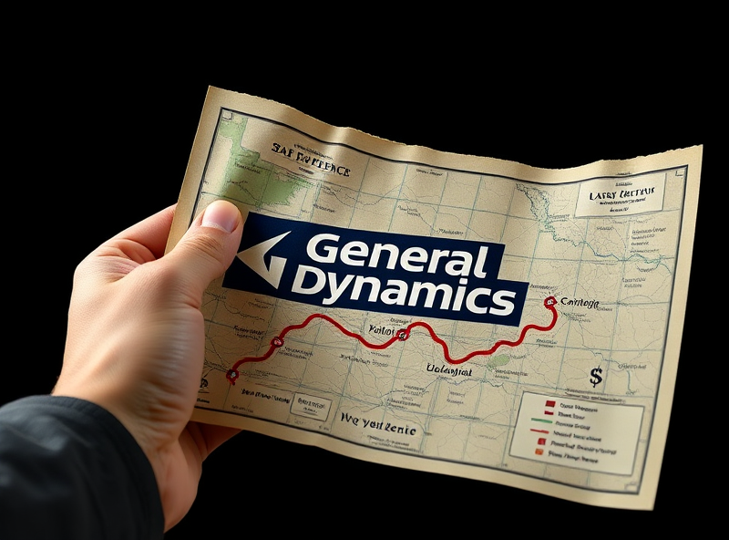 A hand holding a map with the General Dynamics logo. The map outlines a safe route for investments, marked with money symbols, leading to a strong defense structure. Represent guidance and security in defense stocks. Informative and protective feeling.