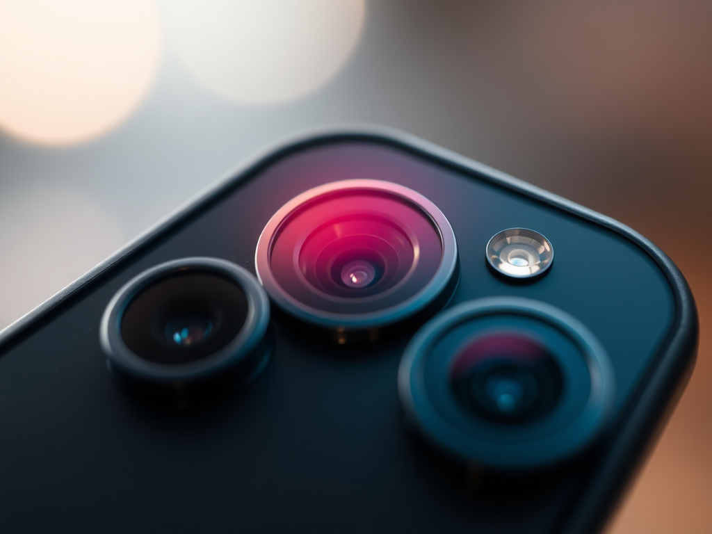 نمای نزدیک از لنزهای متعدد یک گوشی هوشمند مدرن برای بررسی گوشی موبایل