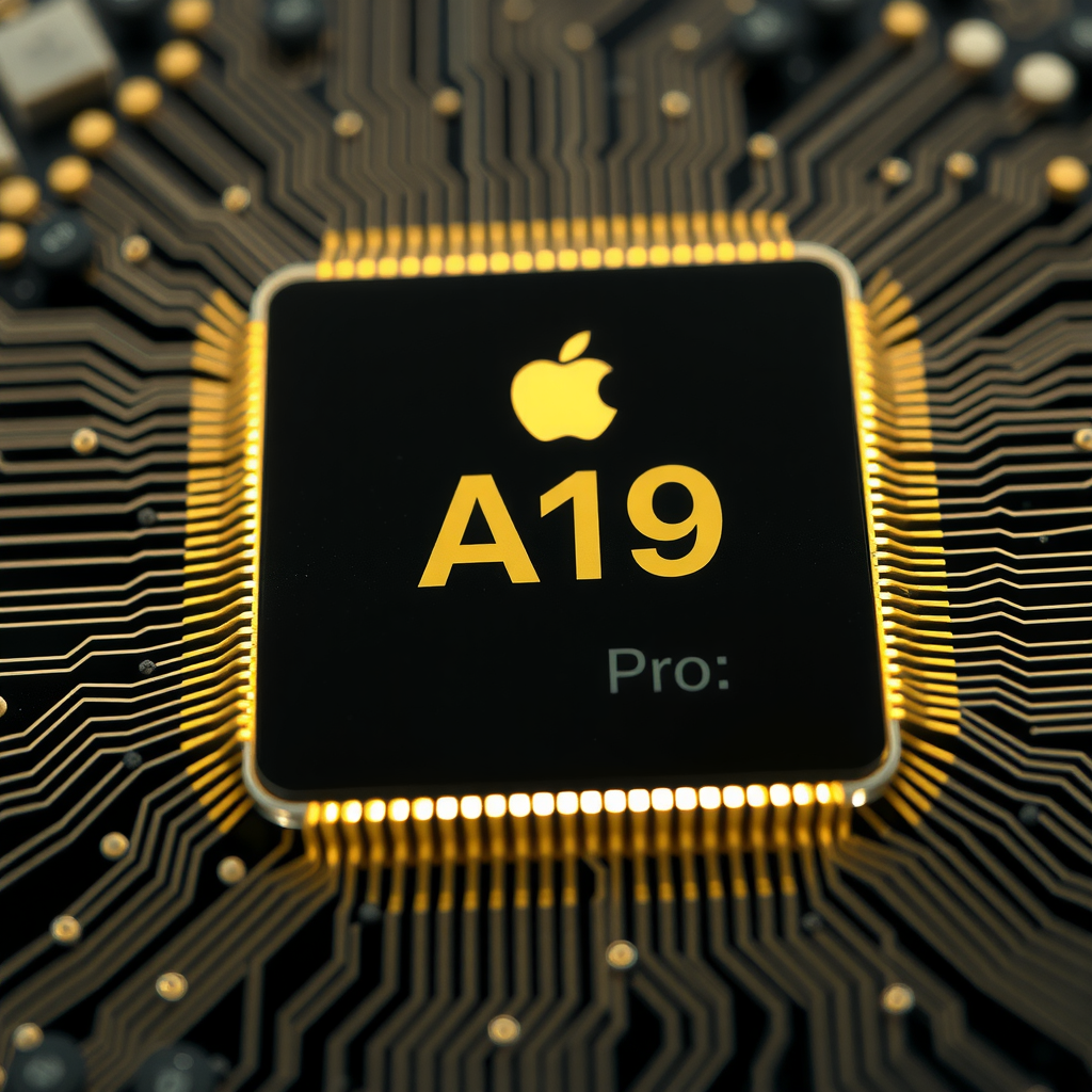 A close-up, realistic, high-quality image of the Apple A19 Pro chip with intricate circuit details, radiating a subtle glow to represent its power and efficiency, product photography style, showcasing the advanced iPhone 17 specifications.