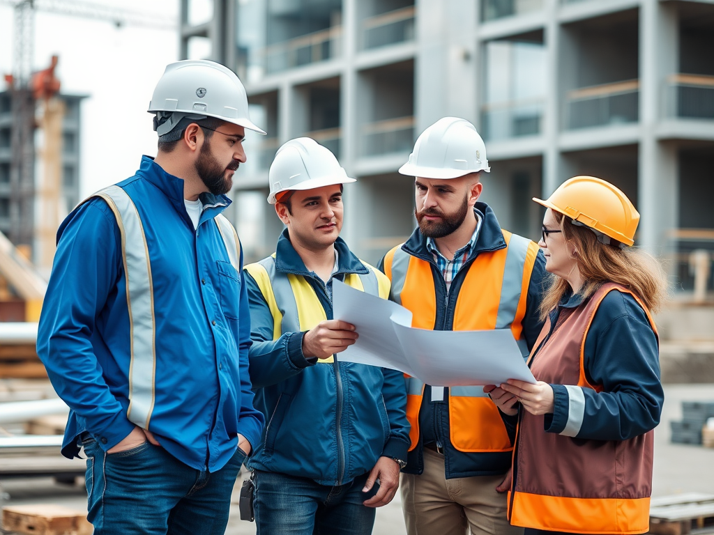 Construction Staffing Services 7 Site manager and construction supervisor in hard hats reviewing staffing plans with a Quick Placement coordinator on a modern construction site