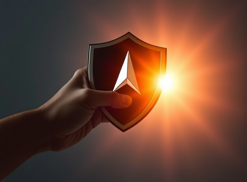 A hand holding a shield with the Lockheed Martin logo. The shield is reflecting light that illuminates a safe space for investments, where money is growing. Represent defense stock as a protective asset. Reliable and secure feeling.