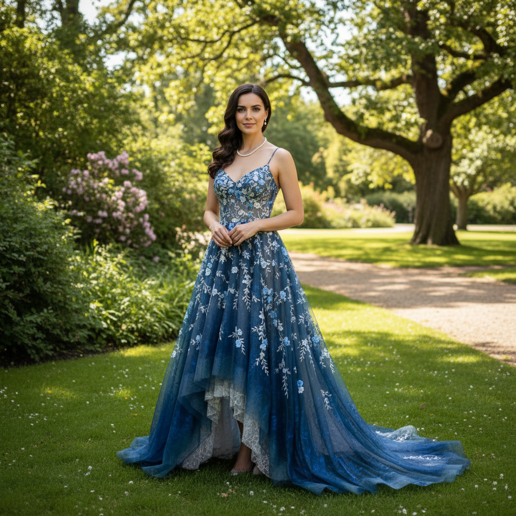 Take the blue floral dress from the first image and have the woman from the second image wear it. Generate a realistic, full-body shot of the woman wearing the dress, with the lighting and shadows adjusted to match an outdoor park environment.
