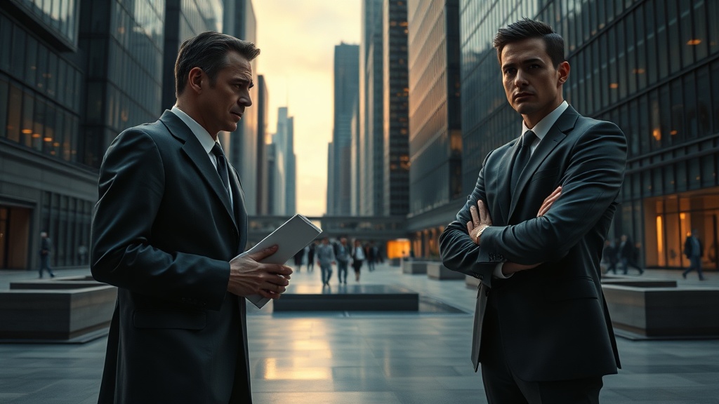 현대적 도시 배경에서 공적 인물들이 대면하는 영화적 장면
