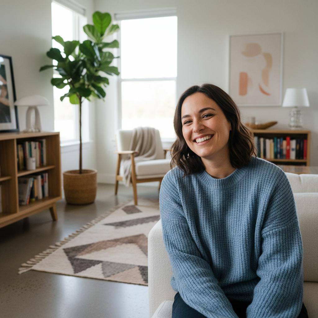 a person smiling in a living room