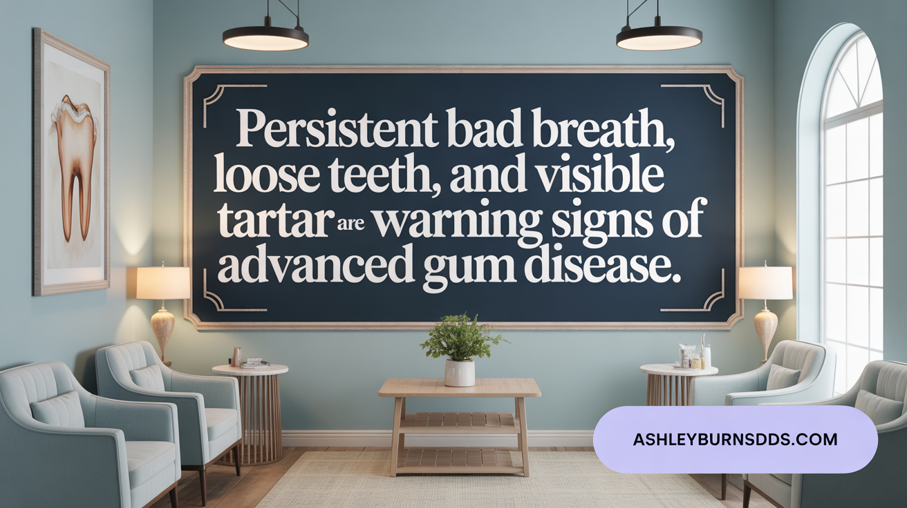 Persistent bad breath, loose teeth, and visible tartar are warning signs of advanced gum disease.