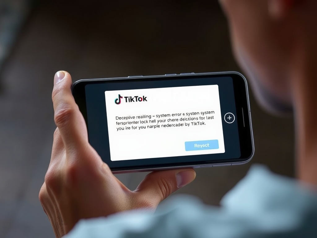 تصویری از یک شخص در حال نگاه کردن به گوشی با تیک تاک باز و یک پیام فریبنده که شبیه خطای سیستم یا فعال‌سازی نرم‌افزار است، با یک قطعه کد مخرب قابل مشاهده. صحنه باید حس فریب دیجیتال و آسیب‌پذیری را منتقل کند. تیک تاک و روش مخرب ClickFix