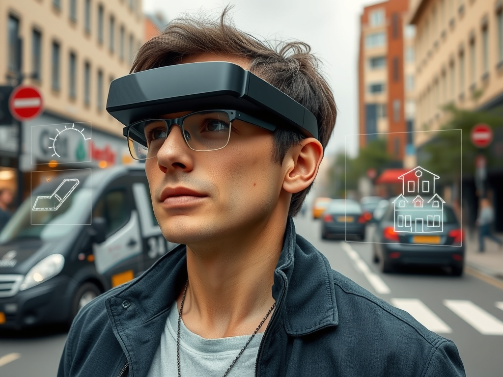یک فرد نابینا با عینک هوشمند هوش مصنوعی در حال عبور از خیابان شهری، با عناصر واقعیت افزوده که تشخیص اشیا مانند ماشین، درخت و خطوط ساختمان را نشان می‌دهد. این شخص با اعتماد به نفس و مستقل به نظر می‌رسد.