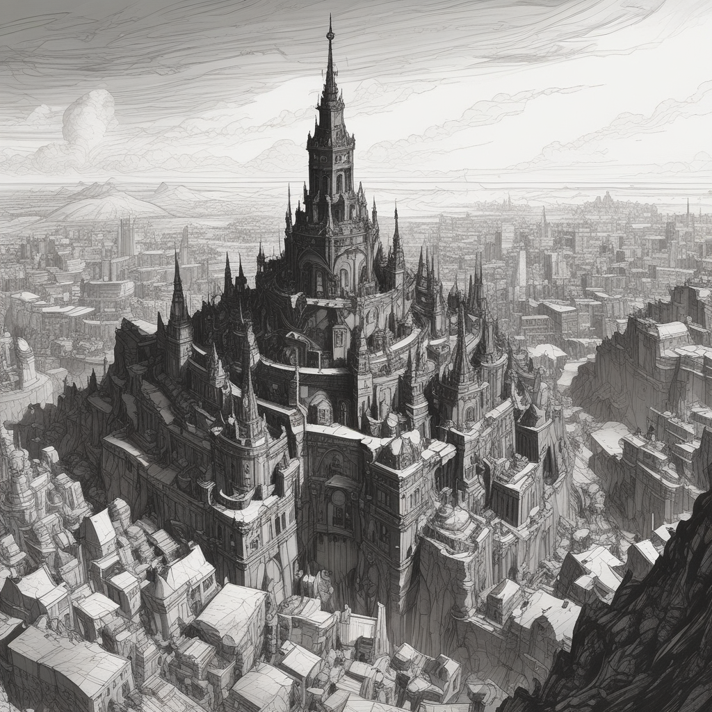 An aerial view of Bastion, showcasing the contrast between the gleaming, hyper-advanced core of the city and the more rugged, off-the-grid districts sprawling out towards the horizon, with the towering silhouette of the Radiant Spire at the center.