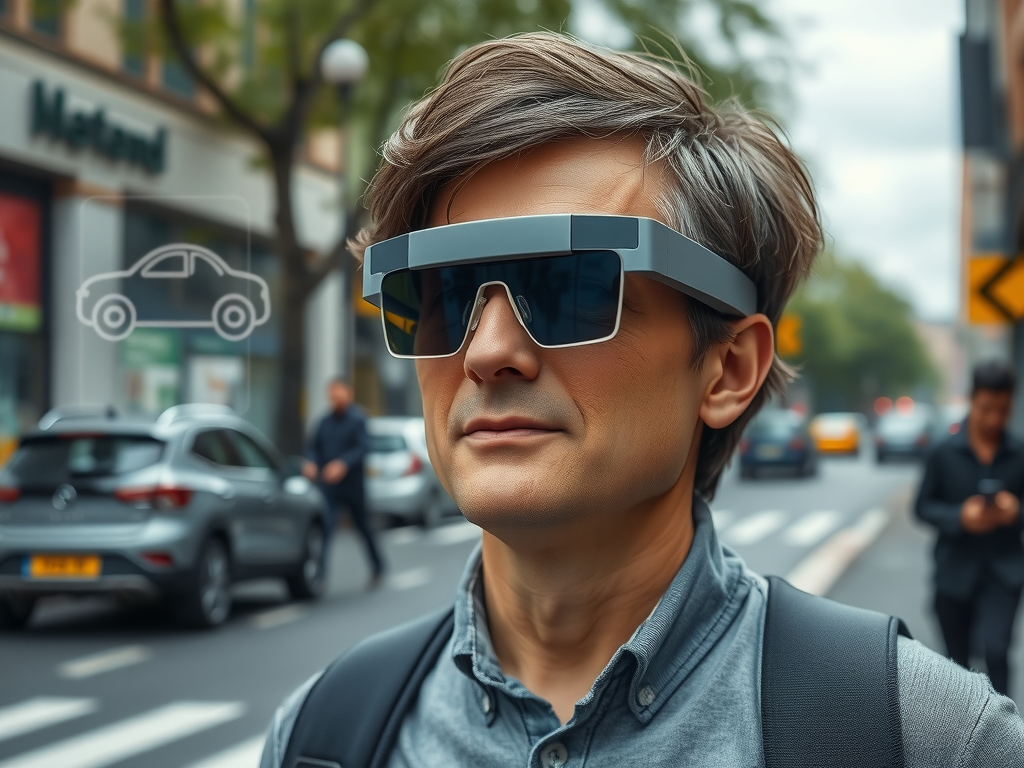 یک فرد نابینا با عینک هوشمند هوش مصنوعی در حال عبور از خیابان شهری، با عناصر واقعیت افزوده که تشخیص اشیا مانند ماشین، درخت و خطوط ساختمان را نشان می‌دهد. این شخص با اعتماد به نفس و مستقل به نظر می‌رسد.