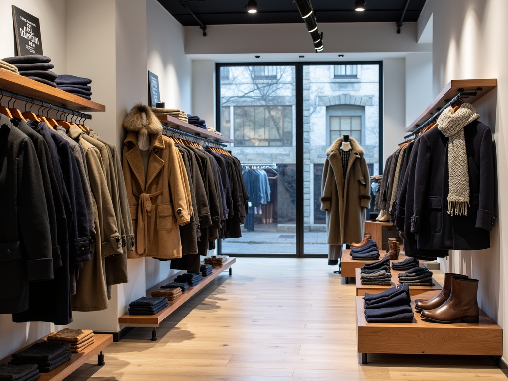 Modern men's winter clothing store interior with coats and accessories